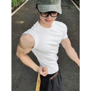 美式复古白色收袖口t恤男款重磅半高领修身显肌肉短袖正肩上衣服