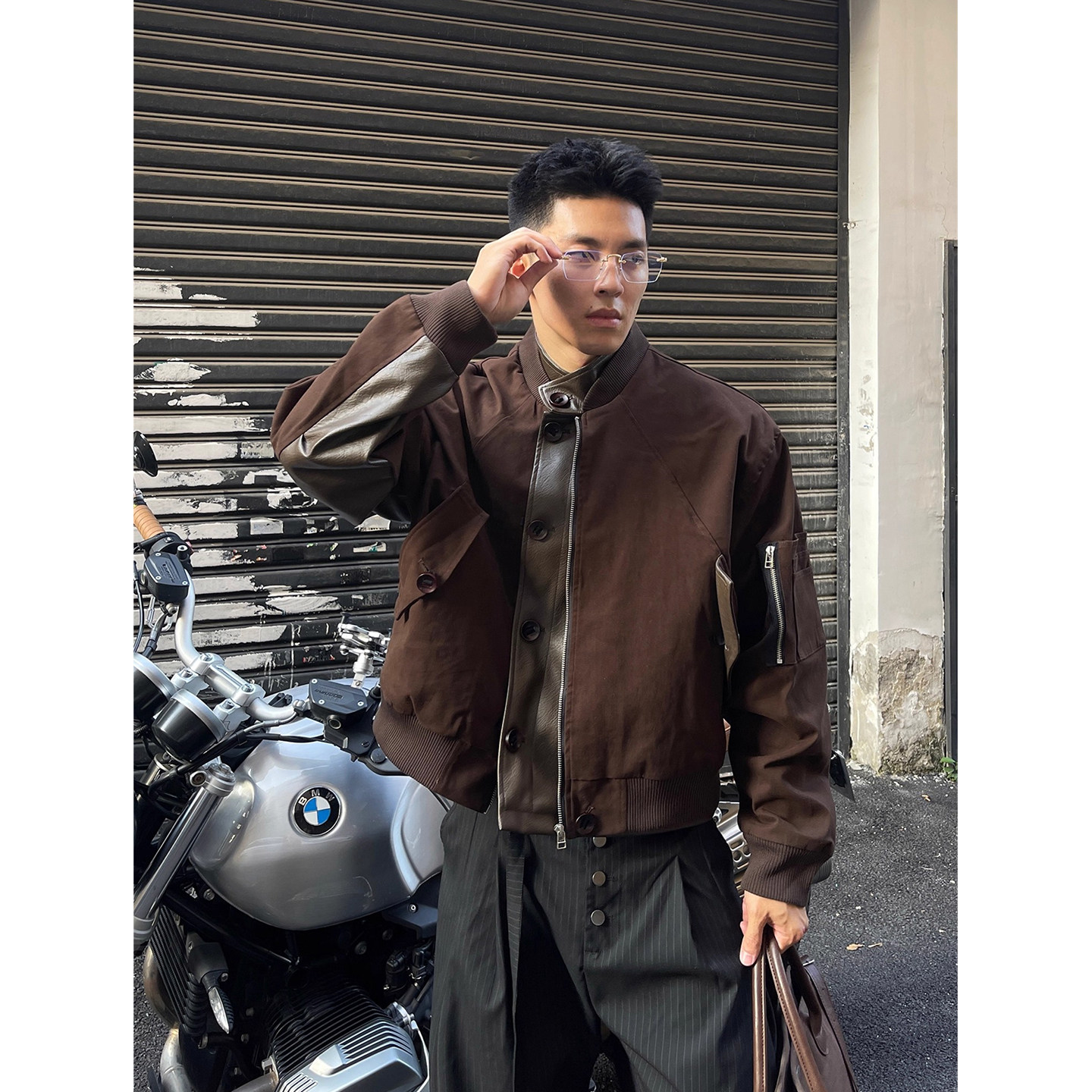 美式复古重磅设计感拼接皮衣立领夹克男女春季cleanfit机车外套潮