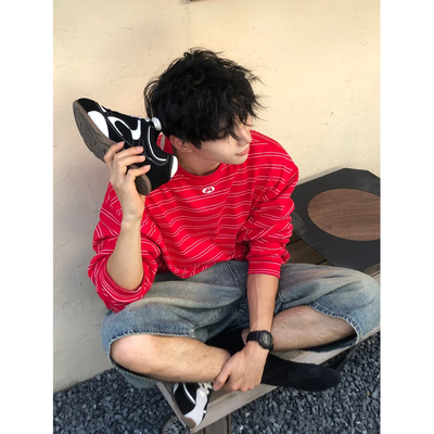 慵懒风红色情侣条纹长袖T恤男女宽松休闲美式复古高级感打底卫衣