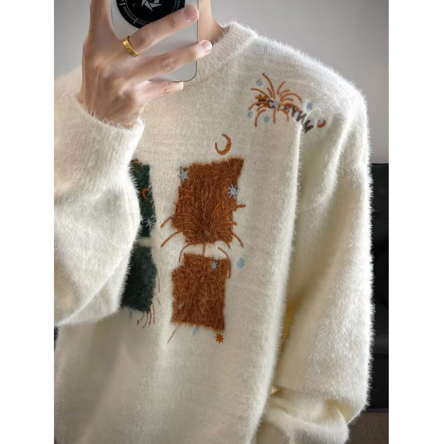 【明星同款】美式慵懒圣诞节氛围感毛衣男女宽松情侣装刺绣针织衫