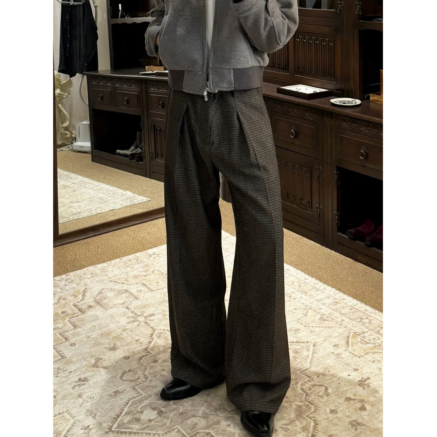 通勤老钱风贵气感穿搭千鸟格西裤男vintage直筒宽松美式休闲长裤