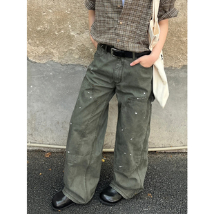 泼墨水洗双膝工装裤男款复古街头直筒宽松阔腿伐木裤松弛感阔腿裤