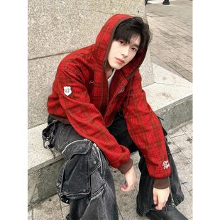 慵懒红色男女款加绒开衫卫衣秋冬季短款休闲宽松美式设计感外套潮