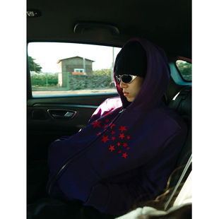 慵懒感星星男女款连帽卫衣开衫宽松休闲美式复古设计感拉链外套潮