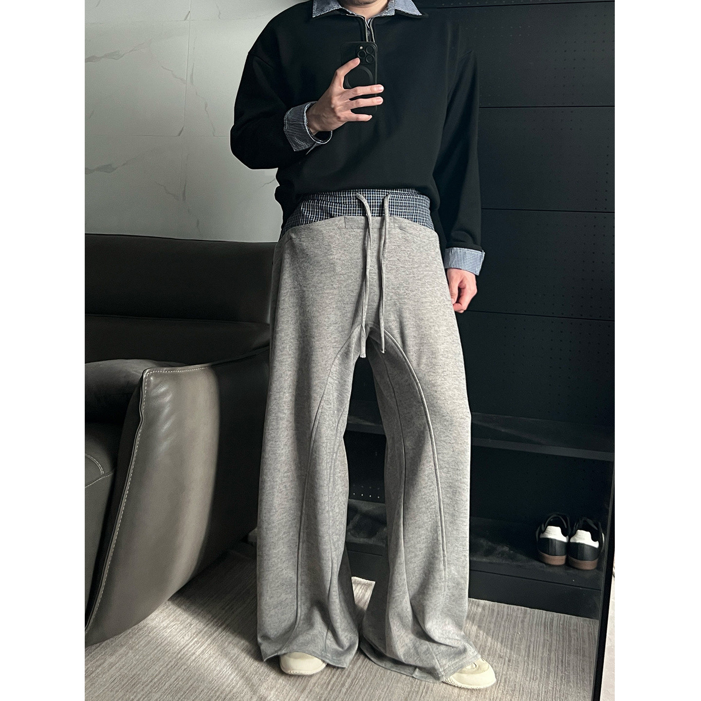 慵懒松弛格子拼接灰色阔腿弯刀卫裤男2026春新款宽松垂坠感休闲裤,男装,卫裤,淘宝优惠券,粉丝福利购,淘宝优惠卷