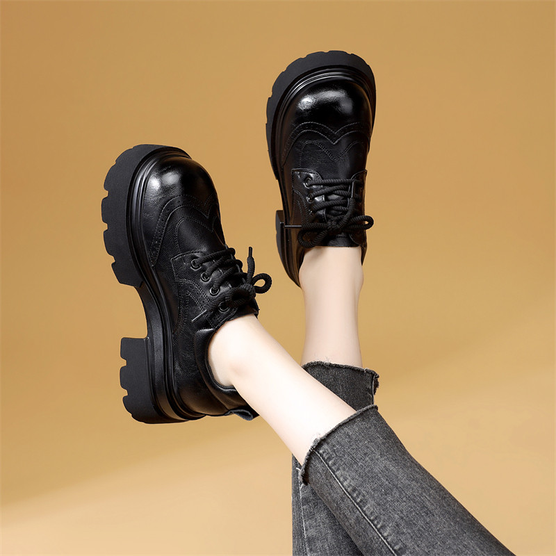 英伦风厚底乐福鞋女黑色系带圆头中跟百搭增高布洛克深口小皮鞋,女鞋,深口单鞋,淘宝优惠券,粉丝福利购,淘宝优惠卷