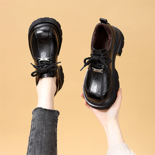 法式英伦风厚底乐福鞋女黑色系带加绒小皮鞋百搭复古风时尚单鞋潮