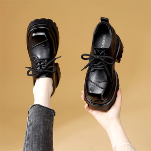 英伦风厚底乐福鞋 女黑色圆头交叉绑带内增高小个子软底百搭单鞋