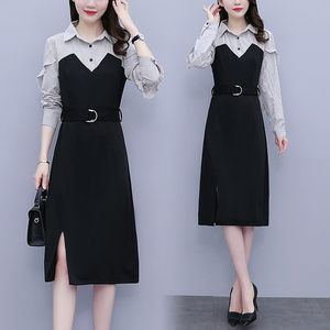 RM21050#新款韩版大码女装小香风修身条纹假两件拼接连衣裙