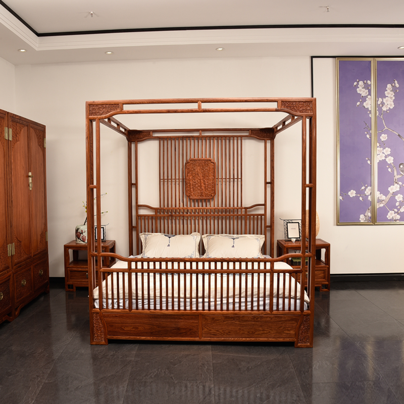 新中式风刺猬紫檀红木仿古双人床