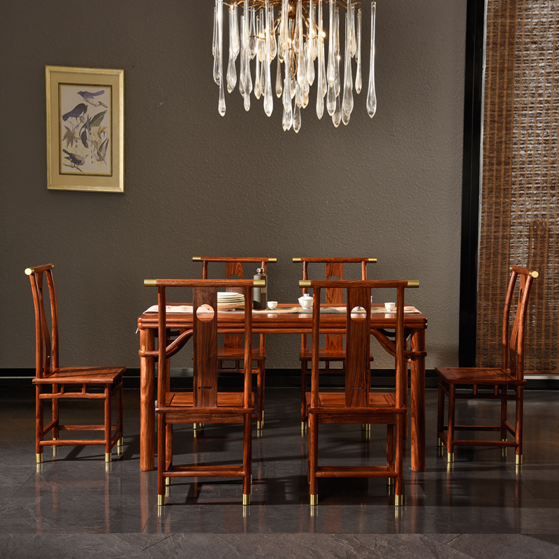 中式风红木组合一桌六椅刺猬紫檀