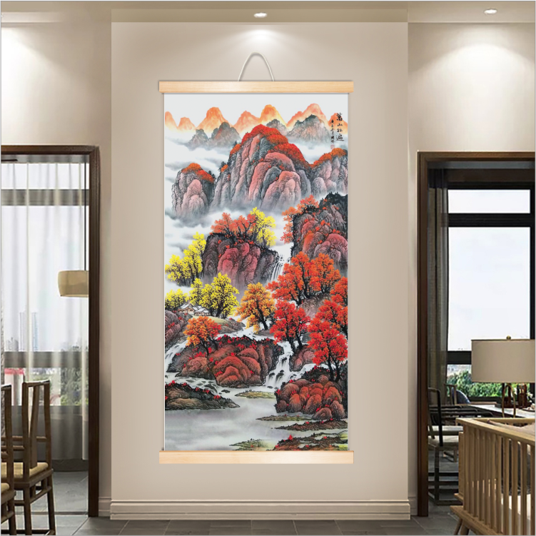 客厅国画竖版沙发背景墙万山红遍山水画风水招财办公室靠山卷轴画