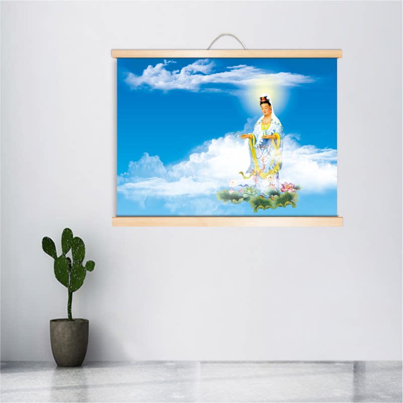 南海白衣观世音菩萨像观世音画像观音佛像画实木收纳卷轴装饰挂画