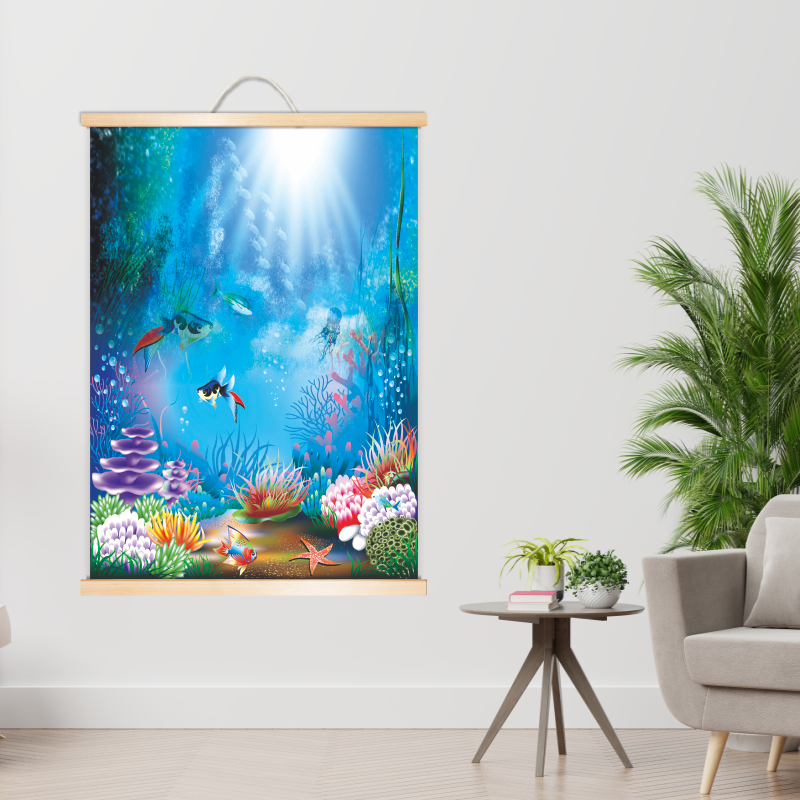 海水海底世界海洋生物动物实木挂轴画家居装饰背景墙油画布画图案
