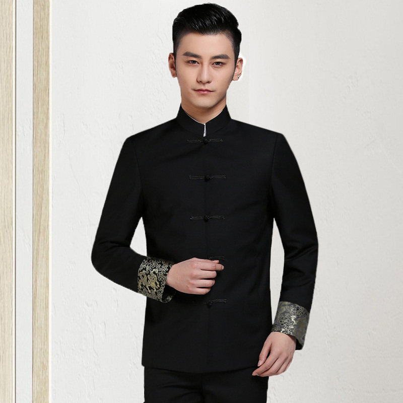 秋冬新品黑色盘扣龙纹唐装男套装复古立领中山装中国风民族服装