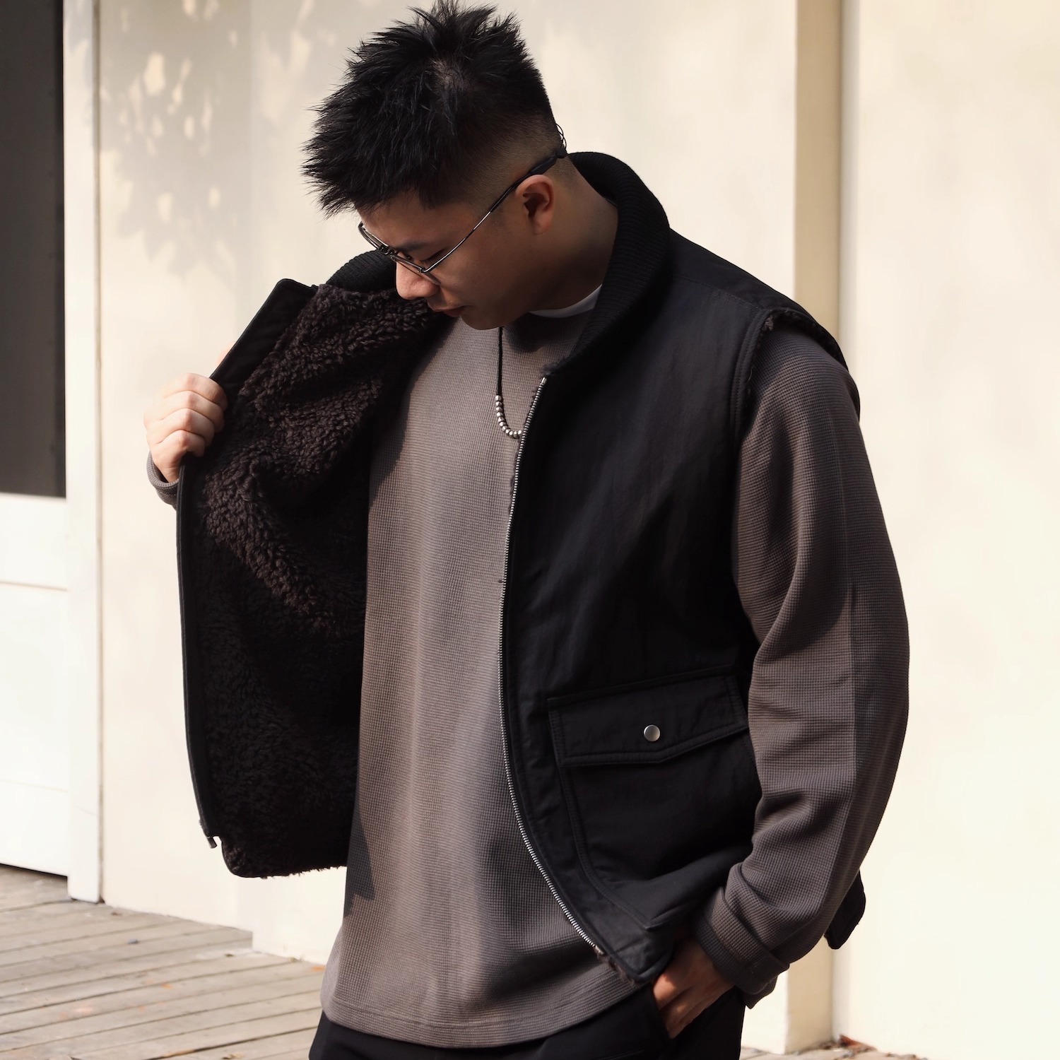 Gnomes lab 25AW 青果领棉锦混纺ex拉链羊毛内里无袖马甲