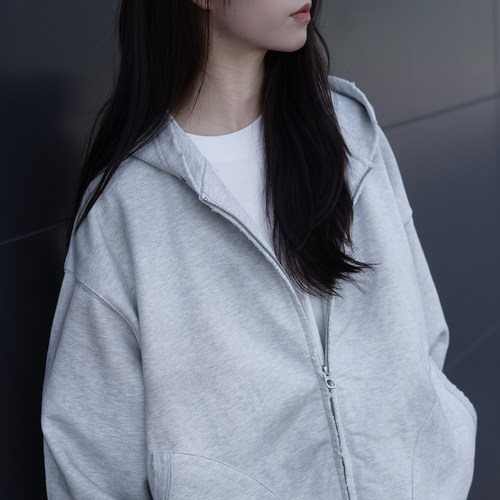 Gnomes lab 24AW 重磅550g破坏做旧水洗纯色连帽开衫拉链卫衣