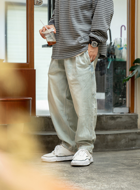 Gnomes lab 23AW 14oz炒喷双工艺浅色洗水抽绳宽松廓形牛仔长裤