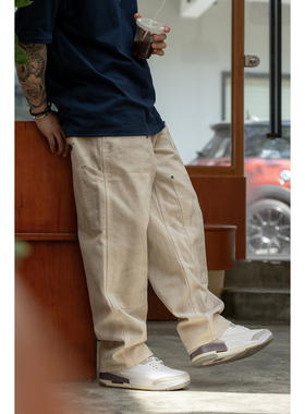 Gnomes lab 23AW“脏脏裤”定织重磅坑条帆布手工做旧蜡染伐木裤