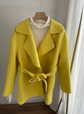 反季福利显白黄色双面绒羊毛呢大衣 系腰带外套女