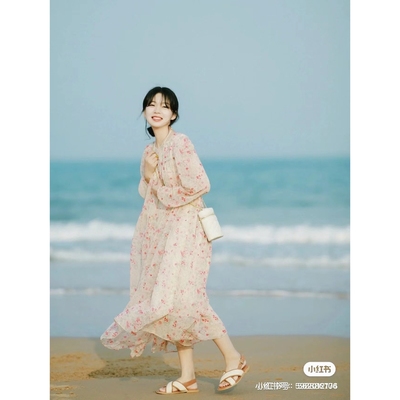 度假系列长袖碎花连衣裙 宽松娃娃裙雪纺裙女2024春夏