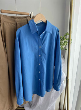 MG22263韩系百搭棉质油画蓝宽松衬衫 上衣女2024春夏