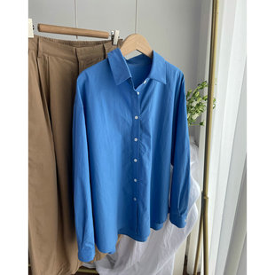 MG22263韩系百搭棉质油画蓝宽松衬衫 上衣女2024春夏