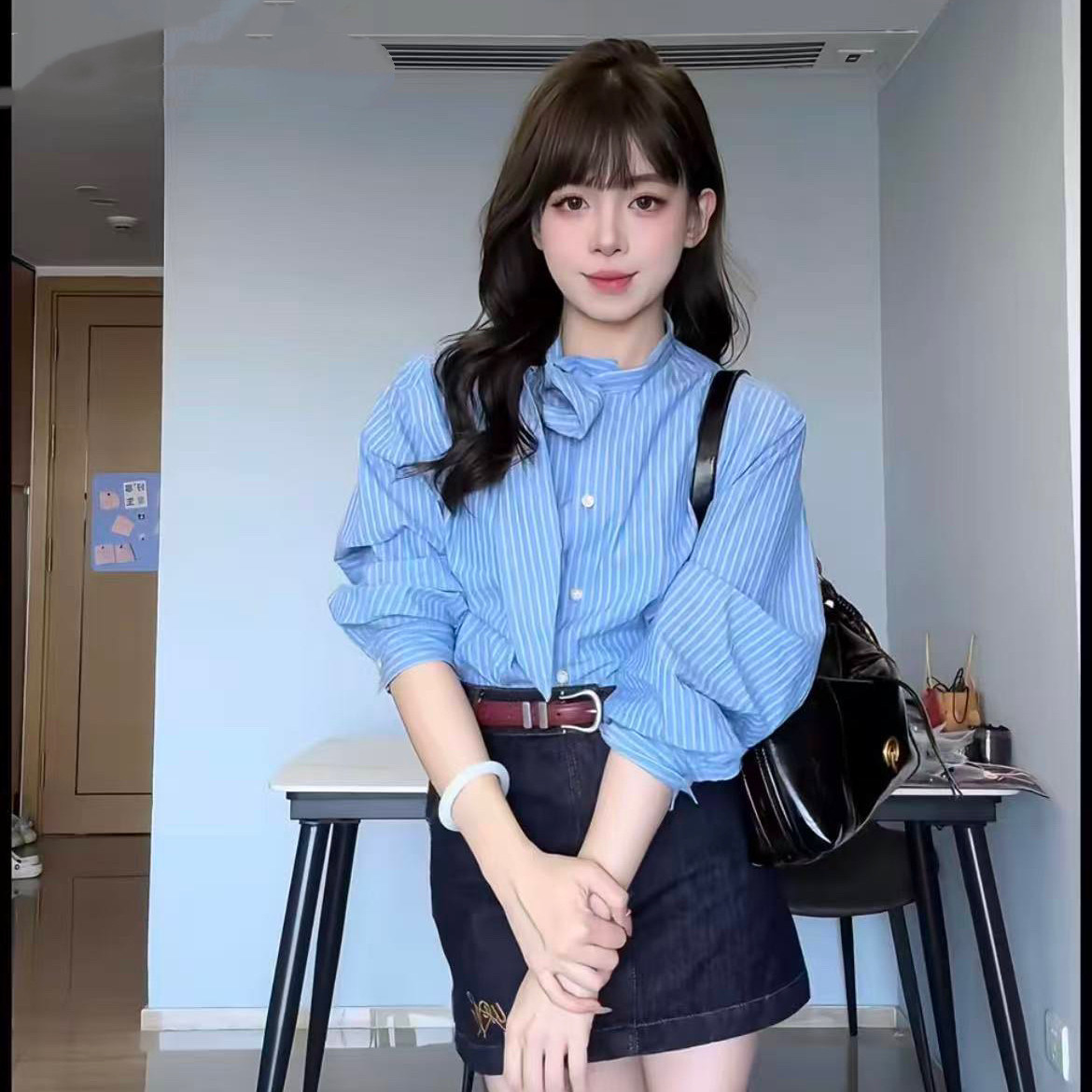 K61050竖条纹飘带蓝衬衫 上衣女2026春夏新款