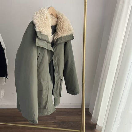 L1128羊羔毛冲锋衣 工装风加厚中长款外套女2025冬