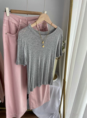 JH02807基础款 气质烟灰色天丝羊毛修身正肩T恤 上衣女2024春夏