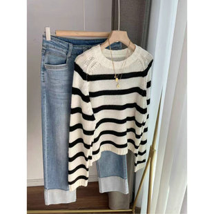 B1102法式简约条纹圆领针织衫 羊毛衫薄毛衣女2023春新款
