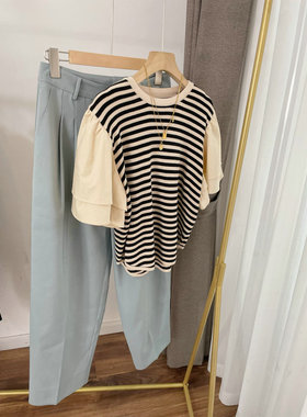 B1144条纹针织拼接小飞袖小衫 上衣女2023春夏新款