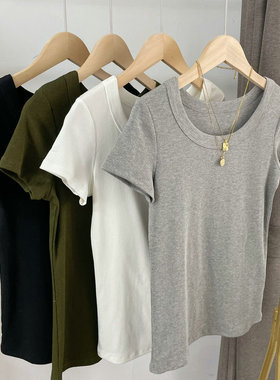 6608-1大圆领修身螺纹T 短袖T恤女2023春夏新款