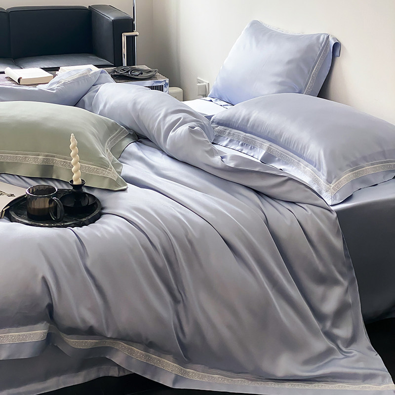 轻奢进口140支双面天丝四件套夏季凉感纯色简约蕾丝被套床单床品