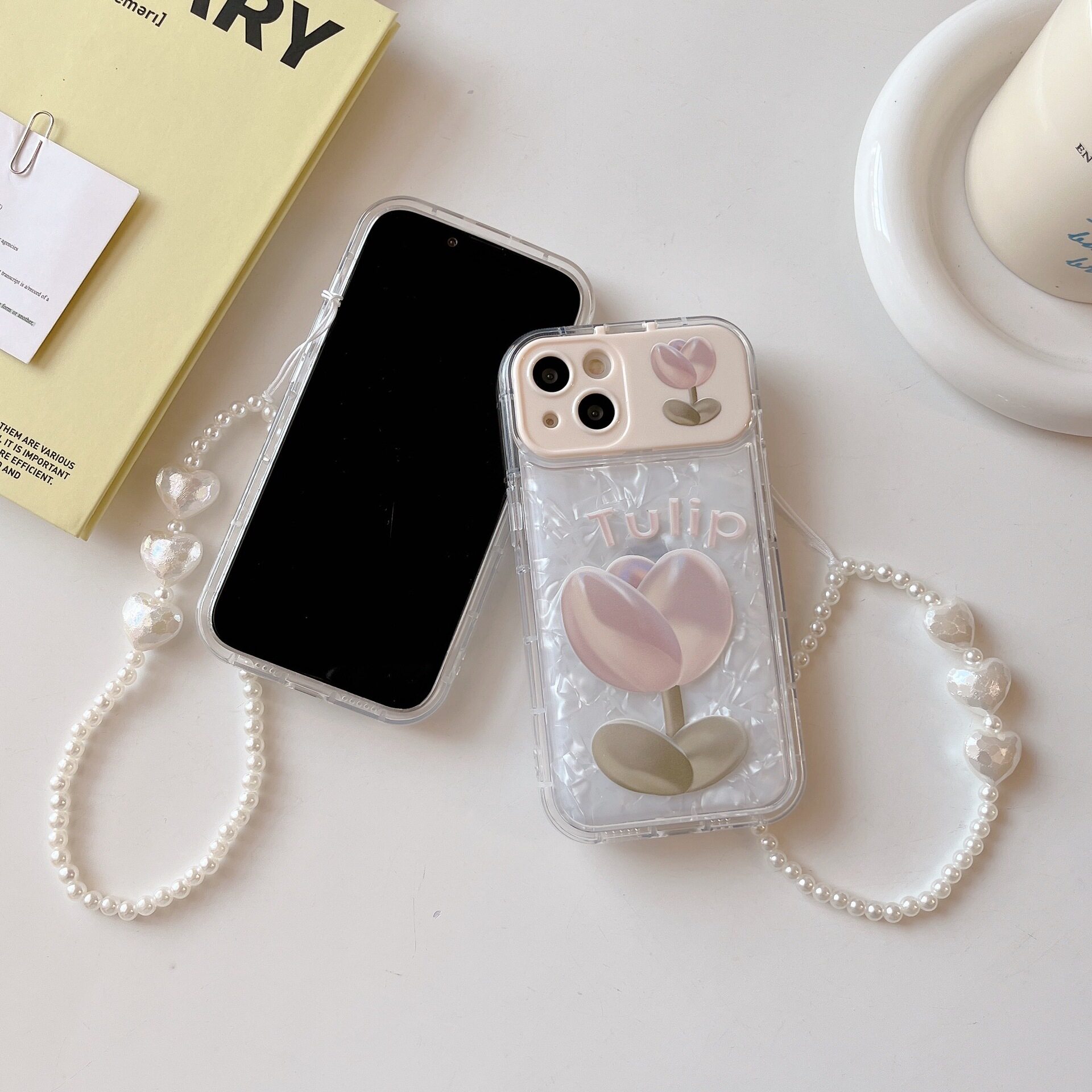 郁金香花朵适用15iphone13镭射翻盖镜子14保护套12郁iPhone16pro/x贝壳纸华为mate60vivox