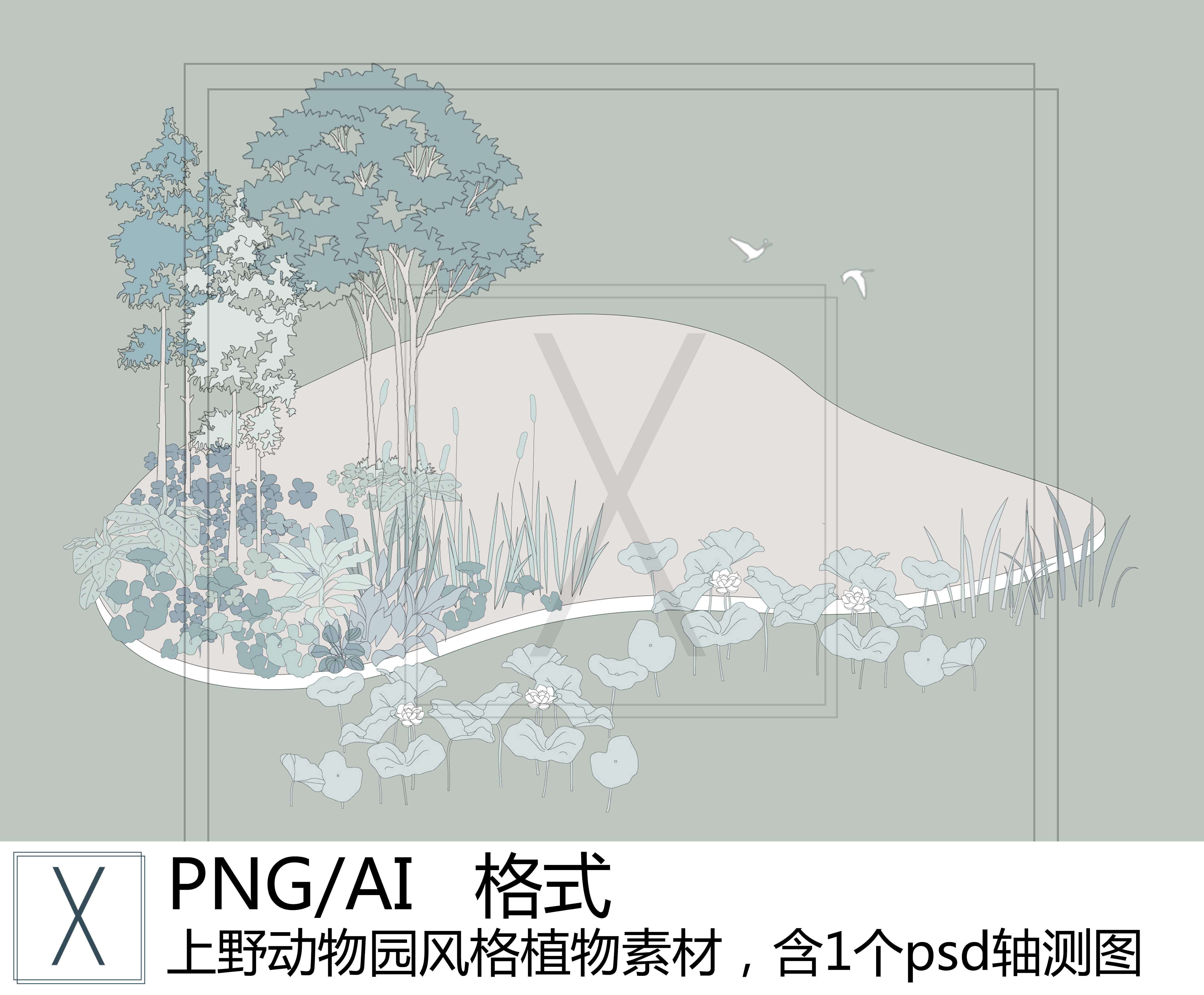 ai/png上野动物园石上纯也小清新景观轴测图植物线稿素材自动发货