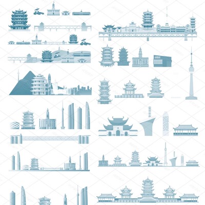 武汉湖北建筑标志天际线条描稿设计剪影景点城市地标手绘插画素材