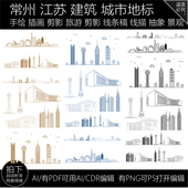 常州江苏旅游剪影插画地标志景点手绘天际线条描稿建筑城市素材