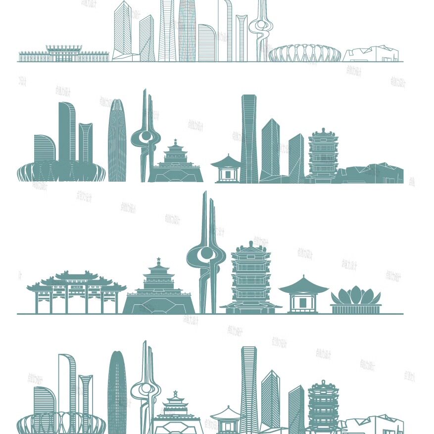 济南山东地标志建筑城市手绘插画设计剪影景点天际线条描稿素材