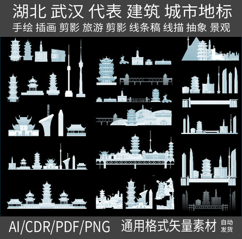 湖北武汉城市建筑地标设计素材天际线条描稿旅游景观手绘剪影插画