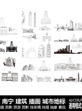 南宁广西城市地标插画旅游剪影线描抽象景观手绘建筑线条稿素材