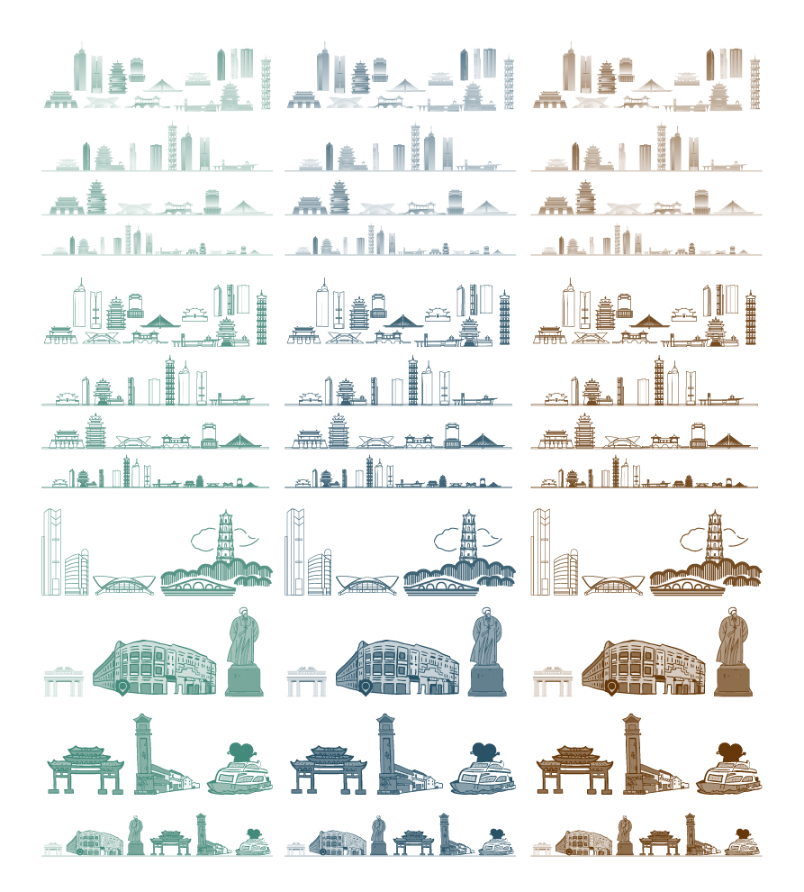 广东惠州剪影城市建筑天际地标线条描稿手绘旅游景观插画设计素材