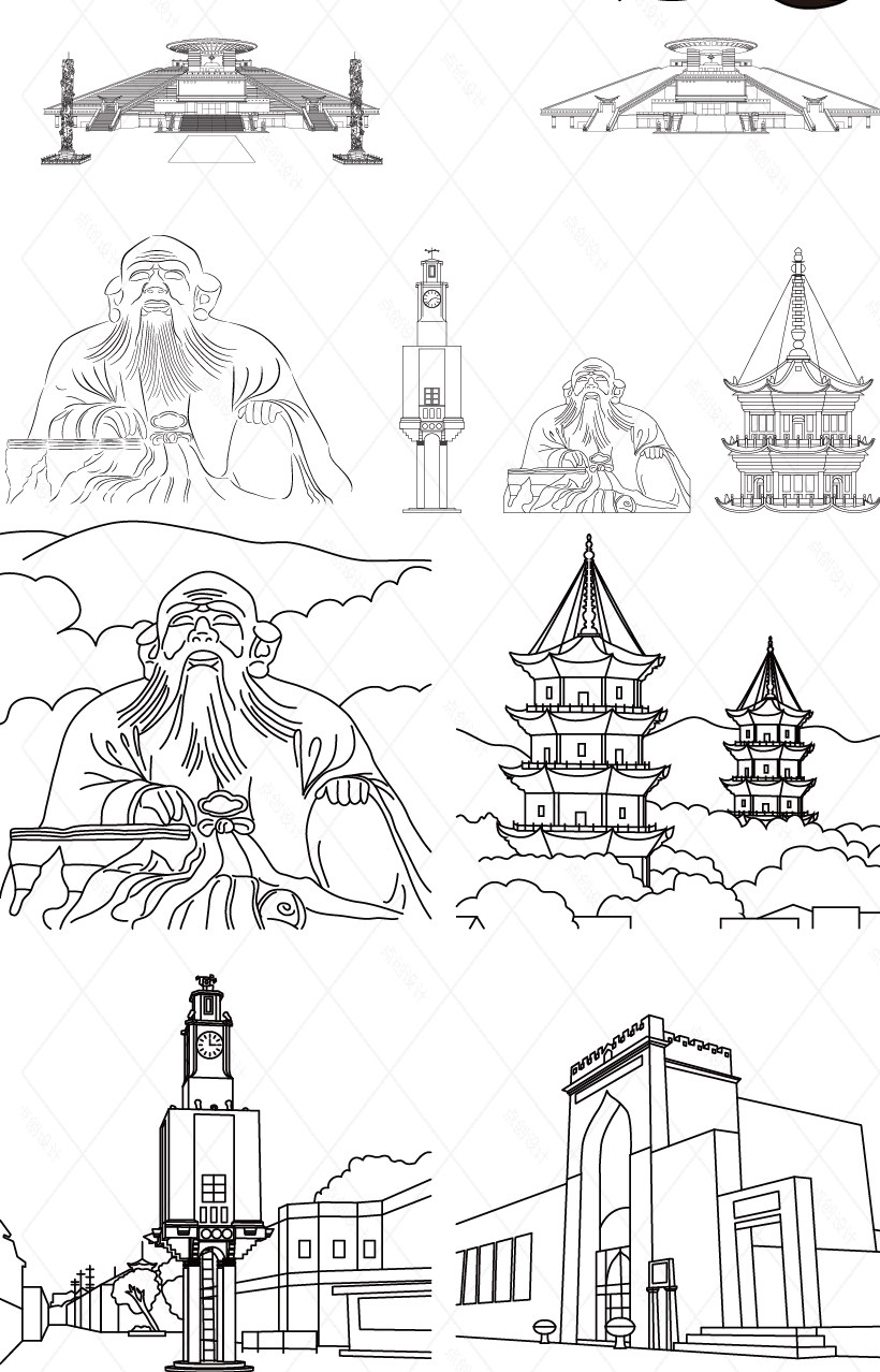 泉州福建城市地标志建筑手绘插画天际线条描稿旅游剪影景点素材