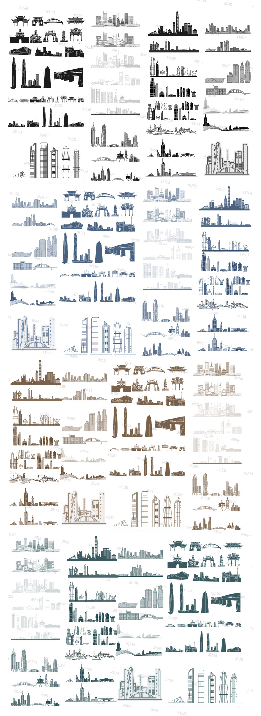 宁波浙江建筑旅游手绘景点插画剪影天际地标线条描稿设计城市素材