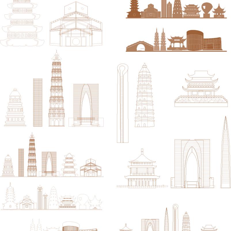 苏州江苏建筑天际线条描稿剪影景点插画手绘旅游设计地标城市素材