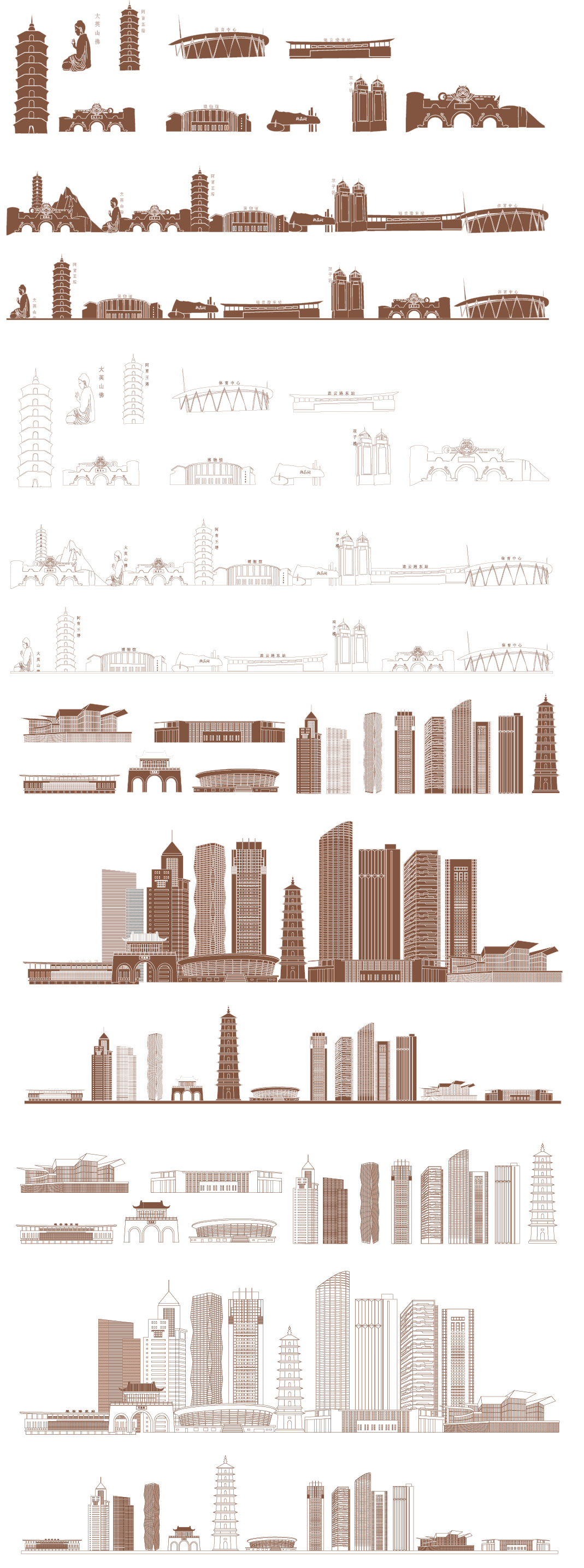 连云港江苏地标志建筑手绘插画天际线条描稿城市景点旅游剪影素材