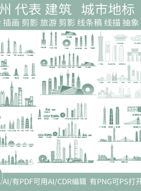 广州地标志建筑天际线条描稿设计广东景点剪影城市旅游插画素材