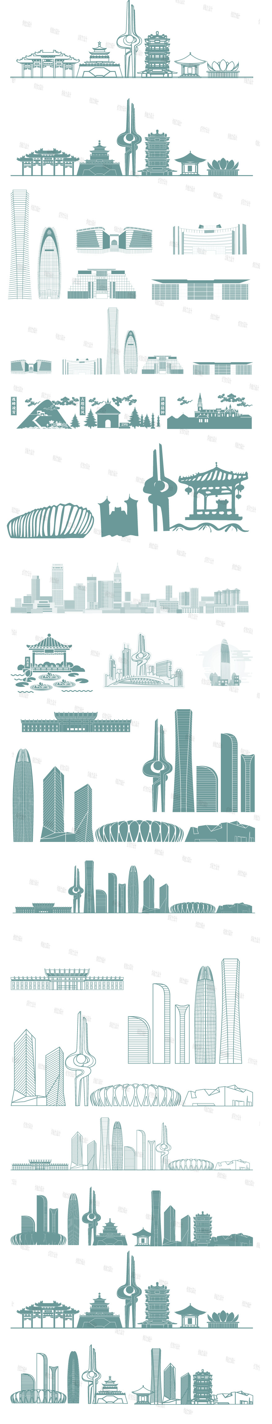 山东济南城市地标建筑天际线条描稿剪影插画景观手绘设计素材