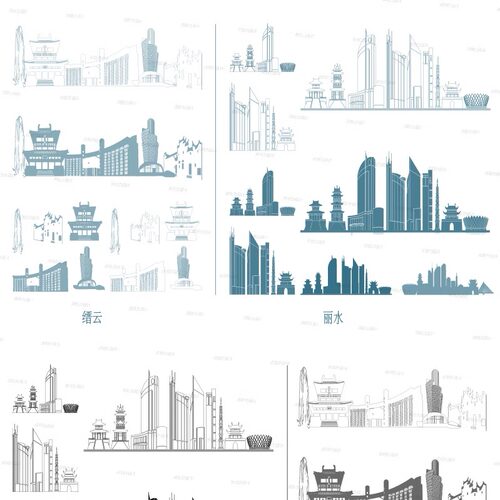 温州浙江地标志设计建筑剪影手绘插画景点城市天际线条描稿素材