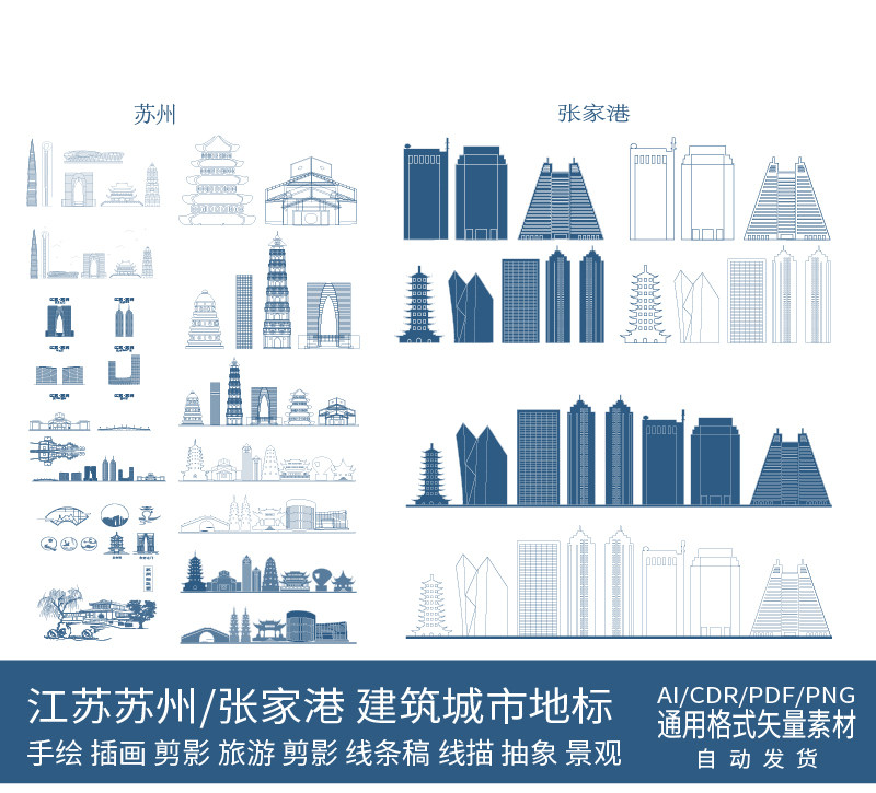 江苏苏州张家港城市建筑地标天际线条描稿手绘剪影插画设计素材
